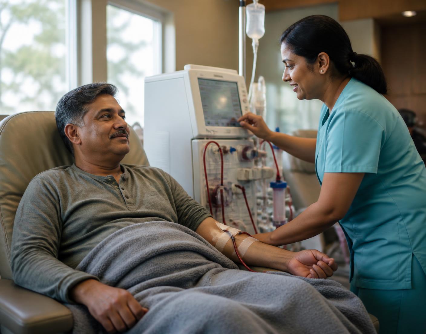 A renal nurse checking the dialysis machine while a South African Indian patient rests comfortably in a recliner at an Advanced Renal Care clinic